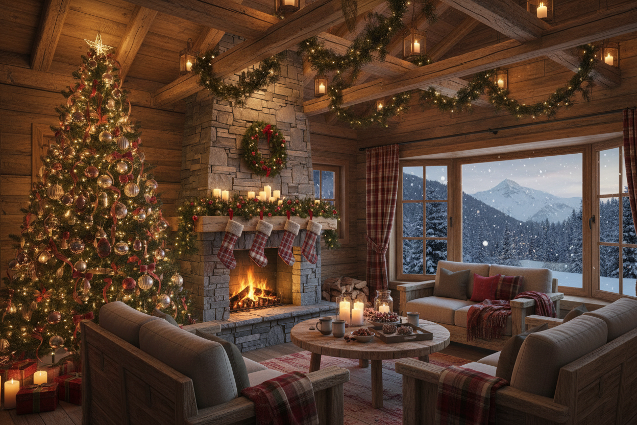 Décoration de Noël dans un chalet de montagne