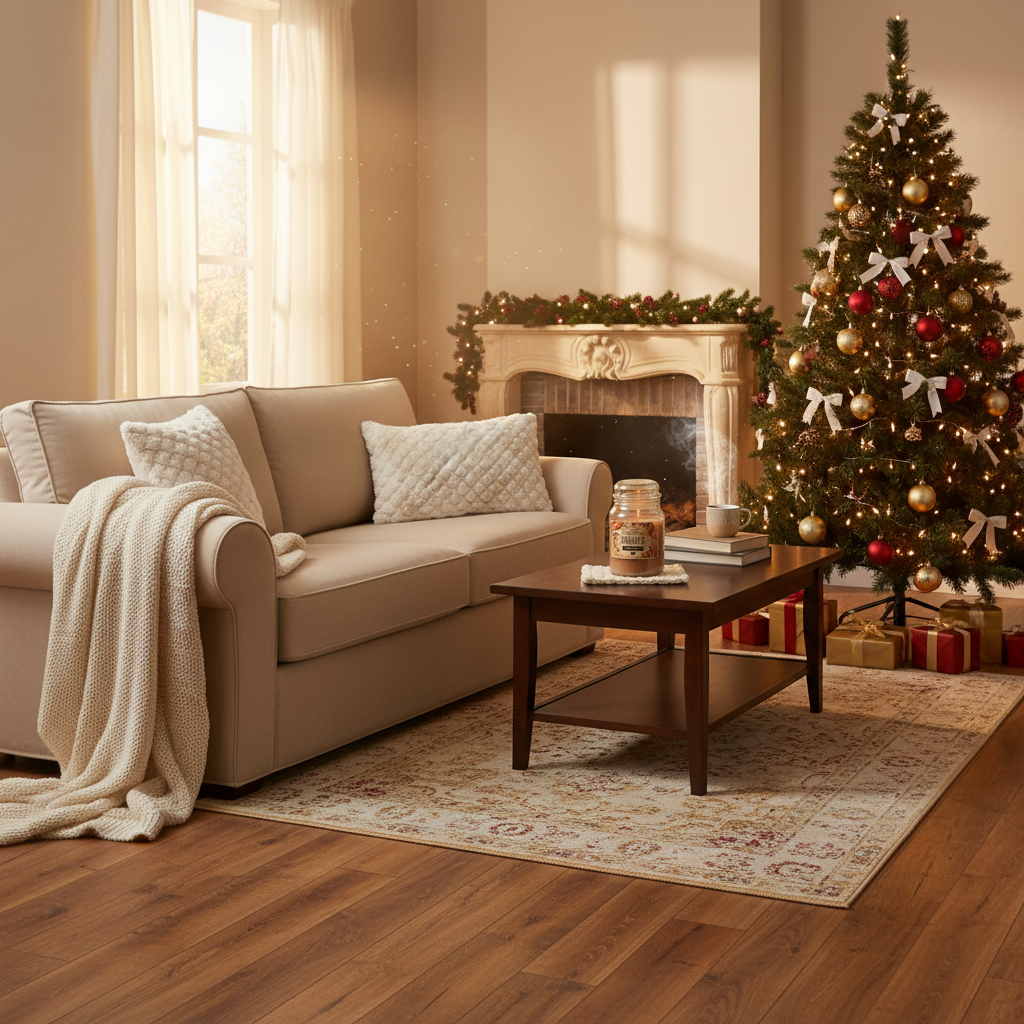 Salon cosy avec bougie Eloa Sweet, sapin Royal Majestic et coussins Adriel